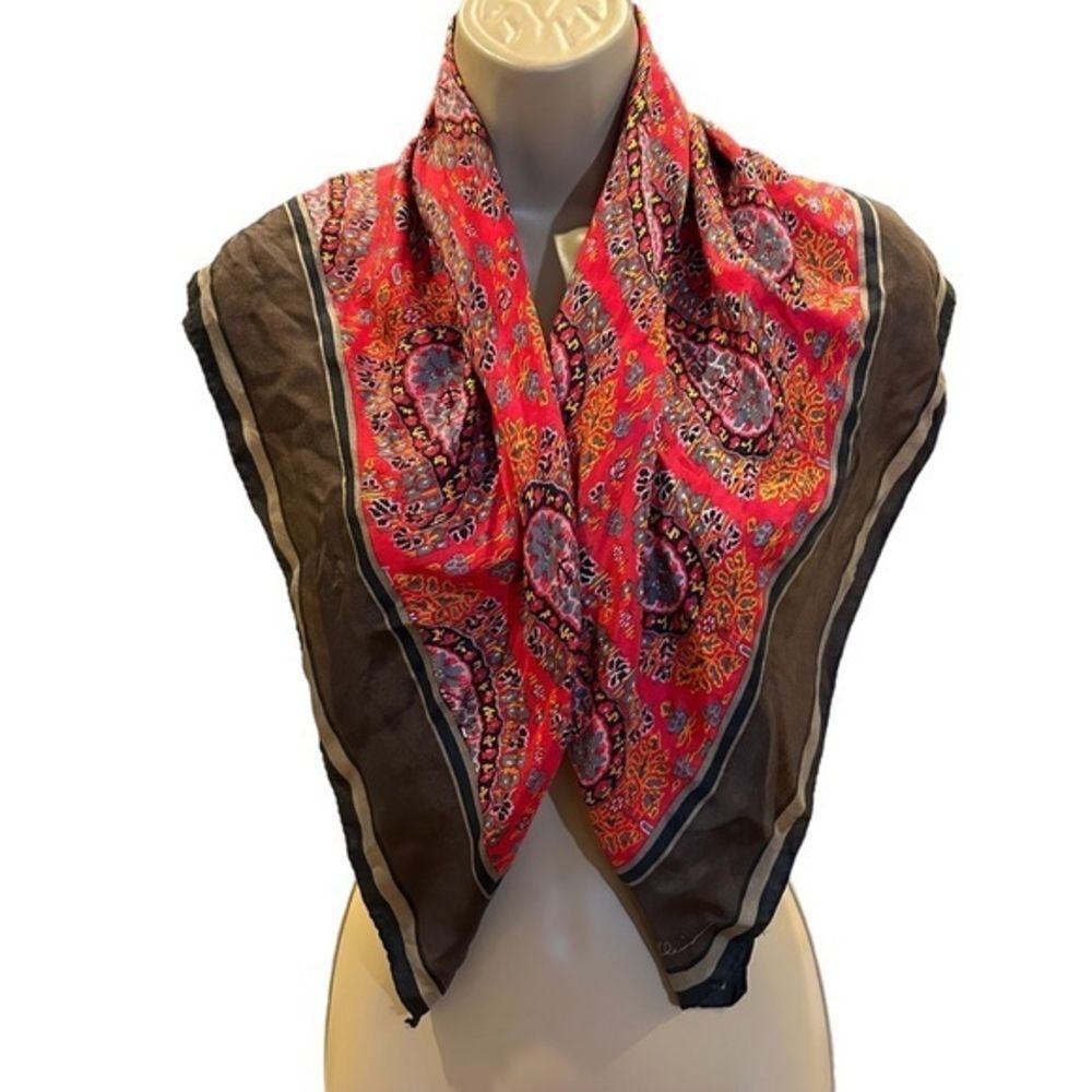 Vintage Anne Klein Silk Floral Red & Brown Scarf 30x30”